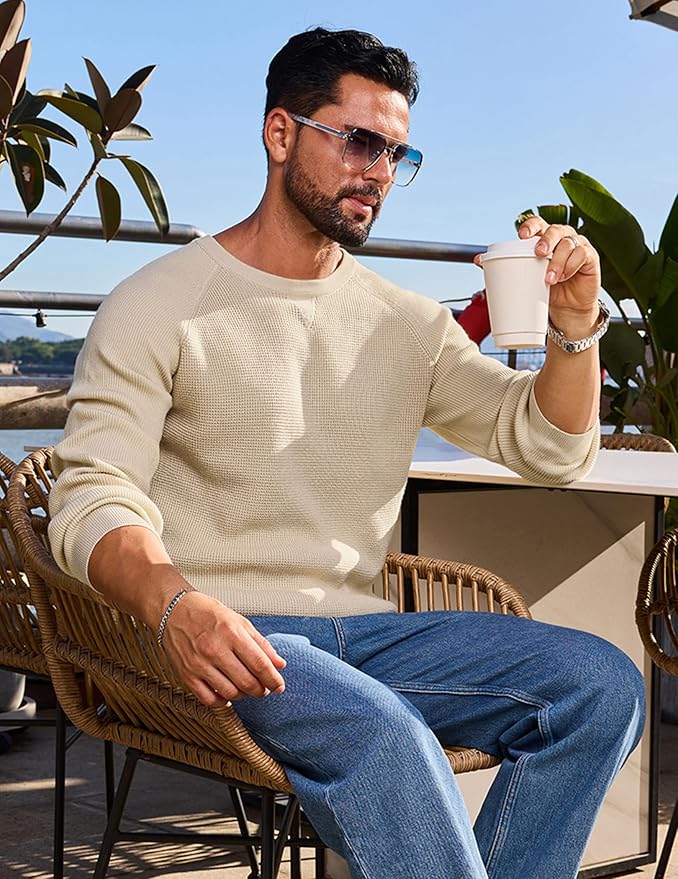 Vssjavun Sweaters for Men Crewneck Cable Knit Waffle Textured Pullover Sweater Warm Kitted Sweater Apricot