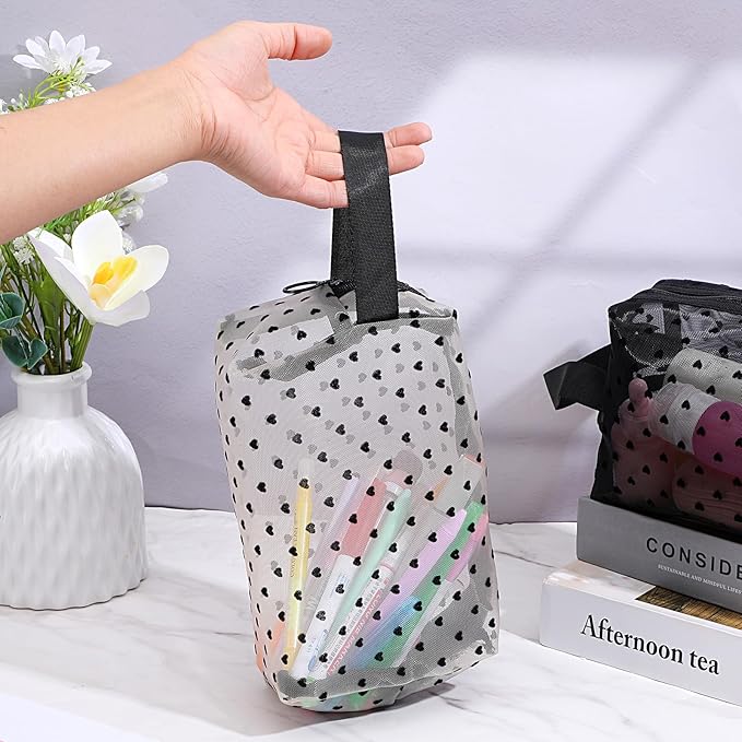 4 PCS Heart Printed Mesh Makeup Bag Set, White & Black Mesh Makeup Bag with Zipper Lipstick Accessories Organizer Mini Travel Organizer Bags for Women(2 Small 2 Square Handle)