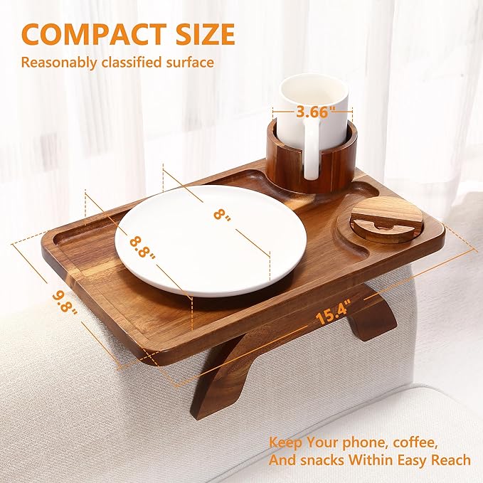 Couch Armrest Table Acacia with 360°Rotating Phone & Cup Holders,15.4" x 9.8", 3-in-1 Sofa Arm Tray Clip-On Couch Tray for Drinks & Snacks