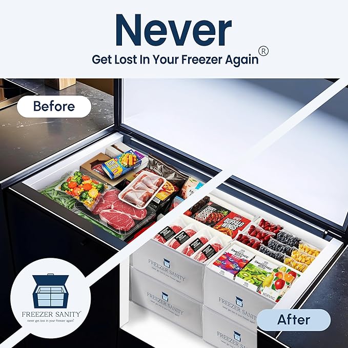 The Original Chest Freezer Organizer Bins, Stackable Storage Organizers, Deep Freezer Dividers, Handles, Heavy-Duty, Water-Proof (4 Pack Regular 15x14x9)