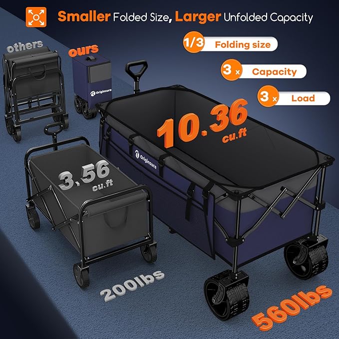 48" L Collapsible Beach Wagon Cart Foldable, 560LB Weight Capacity 300L Heavy Duty Folding Wagons with Big All-Terrain Wheels, Utility Carts for Groceries, Shopping, Camping, Sports - Grey&Purple