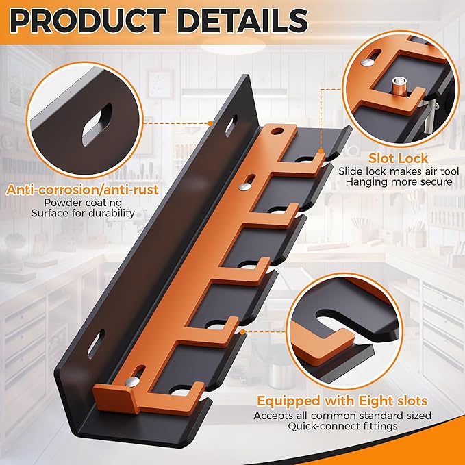 Air Tool Pneumatic Tool Holder,Wall Mount Air Tool Rack,Lockable Air Tool Hanger for Garage Shop Storage Organize,Fit 1/4" Standard Connection Accessories,Comes with Five Slots