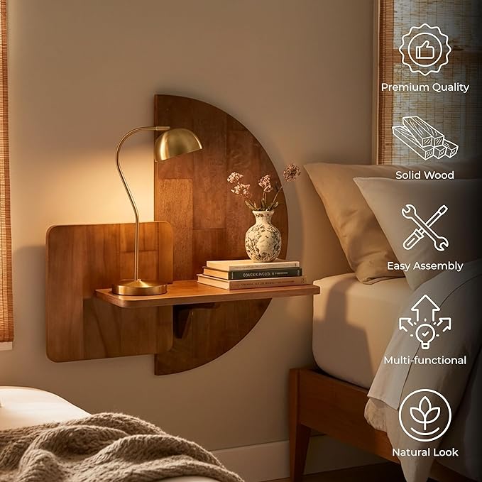 Behomes Soluna Solid Wood Floating Nightstand, Wall Mounted Nightstand, Floating Bedside Table for Bedroom and Living Room, Modern Rustic Wood Night Stand, Small Floating Shelf Accent, Walnut