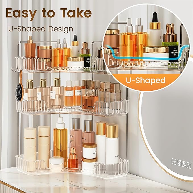 Corner Bathroom Counter Organizer 3-Tier Bathroom Organizer Countertop with Hooks Perfume Organizers Storage Shelf for Makeup & Skincare Dresser-Clear