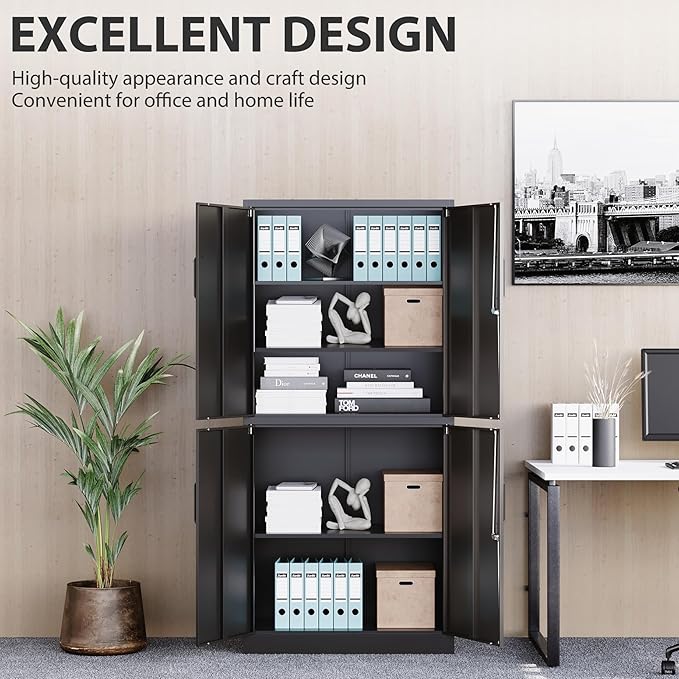 Metal Storage Cabinet with 3 Adjustable Shelves and 4 Doors,71" Garage Storage Cabinet with Lock,Black Metal Cabinets with Locking Doors,Steel Tool Cabinets,Lockable Cupboard for Home,Office,Garage