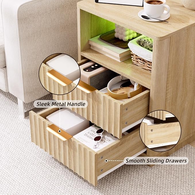 VOWNER Fluted Nightstand with Charging Station, 18” RGB Night Stand with 2 Drawers, End Table with Storage Shelf, Curved Profile Design Side Table, Bedside Table for Bedroom Living Room, Oak
