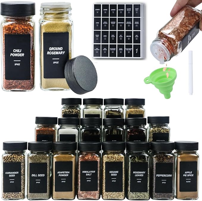 48Pcs Spice Jars Containers with Labels，4oz Black Seasoning Bottles with Shaker Lids for Rack, Cabinet, Drawer,Empty Square Condiment Pots (48, Black)