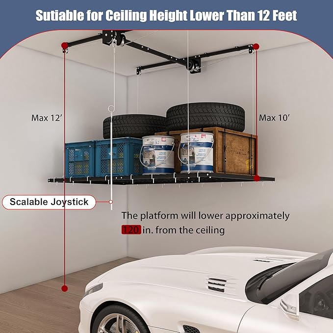 Overhead Garage Storage Rack 4x8 FT, Adjustable Ceiling Lift Storage System for 10–12 FT Ceilings, Heavy-Duty Steel Overhead Shelf with Crank Handle, Safety Lock, 325 lbs Capacity