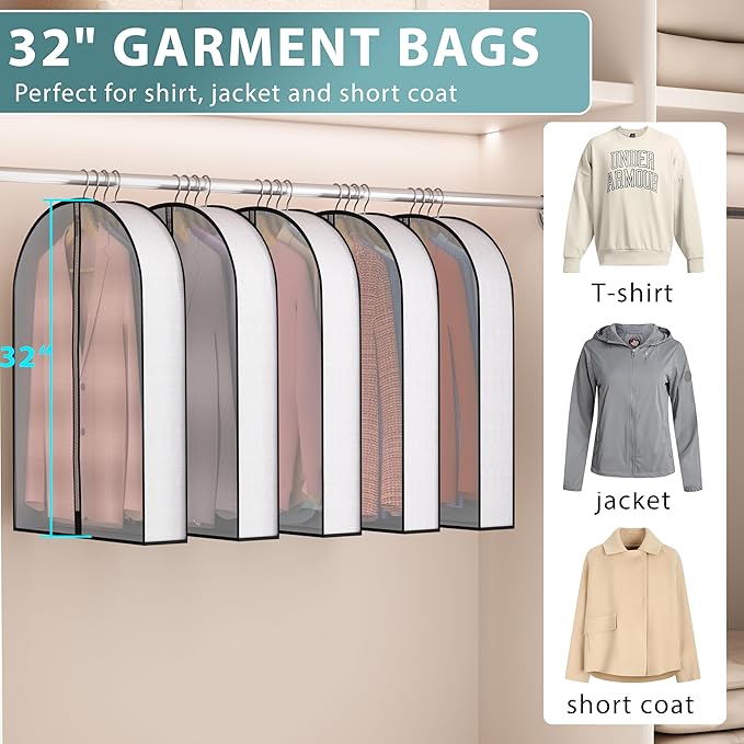 32” Garment Bags for Hanging Clothes 4” Gusseted - with Clear Window, Breathable Fabric, Metal Zipper, Suit Coat Fur Protector for Closet storage, clothes Season Off, Moving, 5 Pack