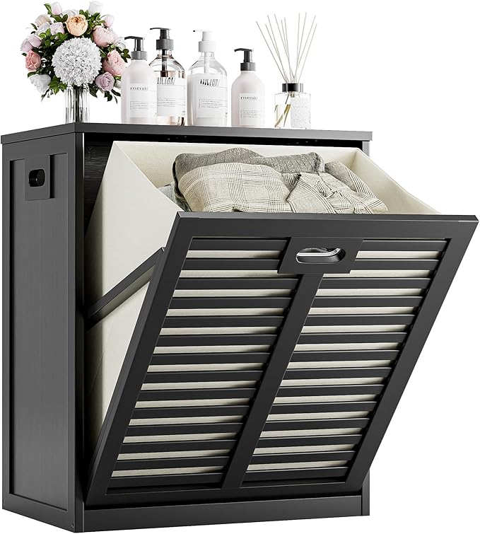 HITNET Tilt Out Laundry Hamper, Bamboo Laundry Cabinet with Pull Out Removable Bag, 16 Gallon Clothes Basket with Metal Handle for Bathroom Kitchen, Black