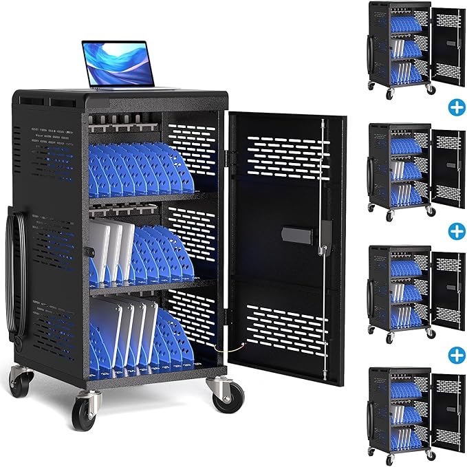 4 Pack | Fully Assembled 30 Bay Multi Device Charging Station for Chromebook,iPad,14'' Laptop,Pre Built Computer Charging Cart with Charger Cable Management,Circuit Breaker,Grounding Protection(Black)