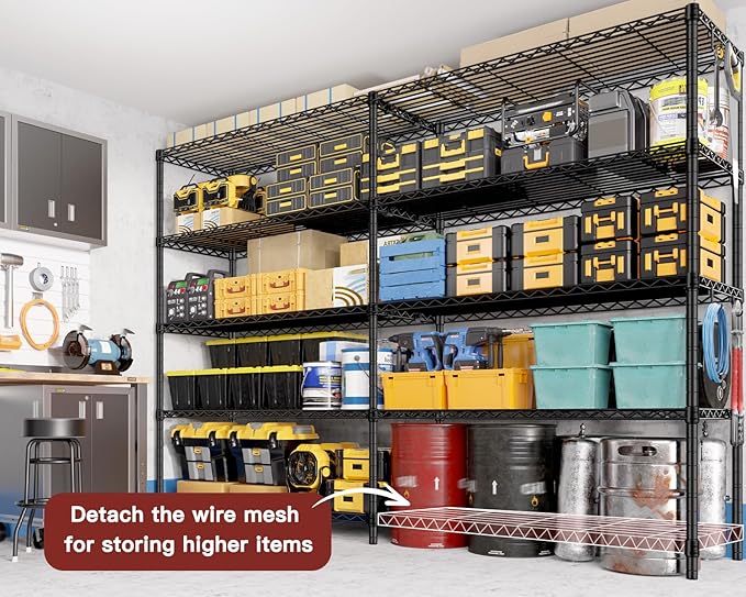 PrimeZone 2 Pack 72"W x 16''D x 76''H Metal Storage Wire Shelves - 5 Tier Heavy Duty Standing Garage Shelving Unit, Adjustable Steel Wire Rack Utility Shelf for Warehouse Kitchen Pantry Corner, Black