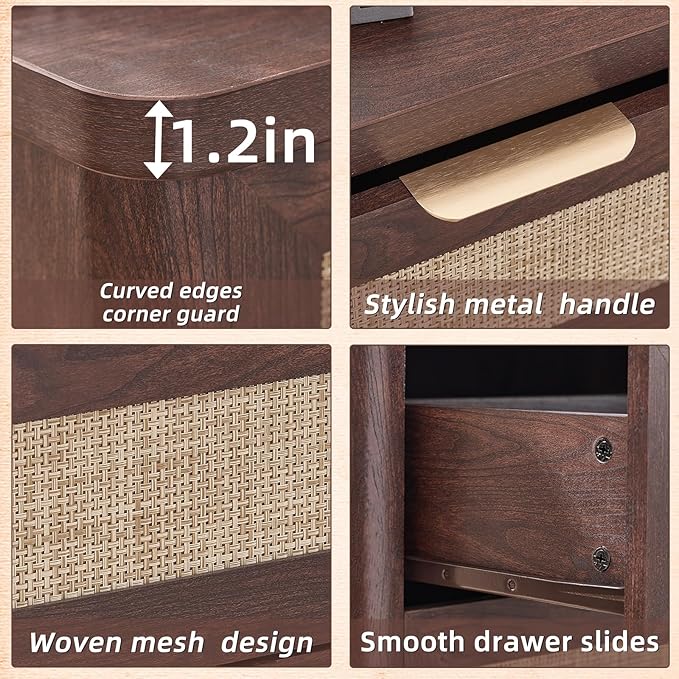 LEYAOYAO Rattan Night Stand with Charger Station, 23" Large 3 Drawer Boho Nightstand, Walnut Bedside Table Storage Cabinet, Bed Side End Tables for Bedroom, Living Room, Hallway