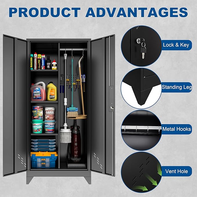 Garage Storage Cabinet, Broom Closet Storage Cabinet, Storage Shed, Metal Cabinets with Doors and Shelves, Tool Shed for Brooms and Mops, Utility Cabinets for Storage,Small Cabinet
