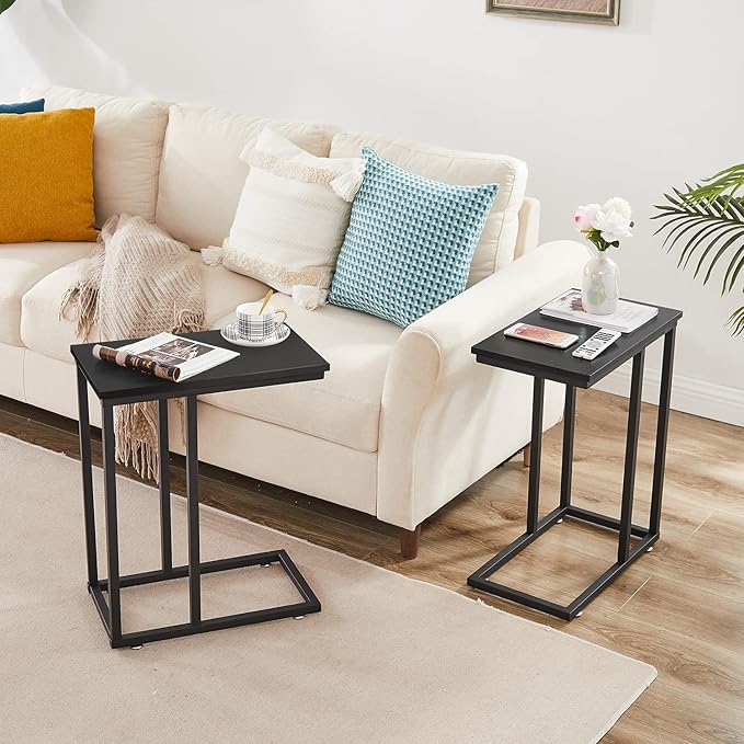 VECELO C Shaped End Side Table for Sofa Couch and Bed Snack TV Tray for Living Room Bedroom, 2 PCS,Black