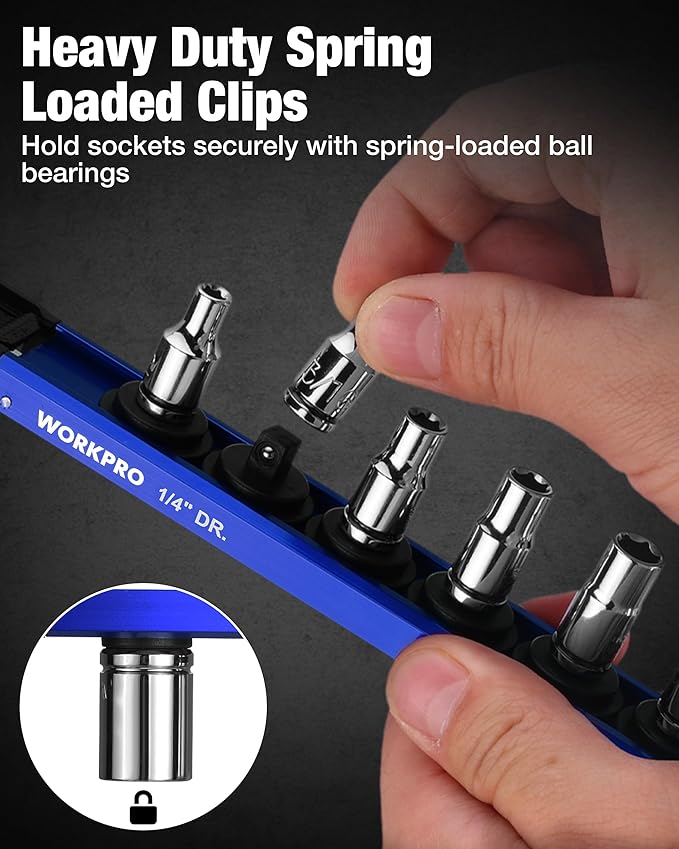 WORKPRO Magnetic Socket Organizer Set, 1/2" 3/8" 1/4" Drive Aluminum Alloy Socket Holder, 3PC Socket Rail with Removable Socket Clips, Socket Organizer Tray for Tool Box Drawer (Sockets Not Included)