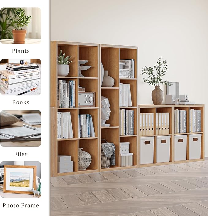 Cube Storage Organizer Bookcase, Decorative 11 inch Open Back Cubical Shelf with Thickened Border, Display Bookshelf for Living Room, Home Office, Sturdy Room (Natural Oak, 4 Cube)