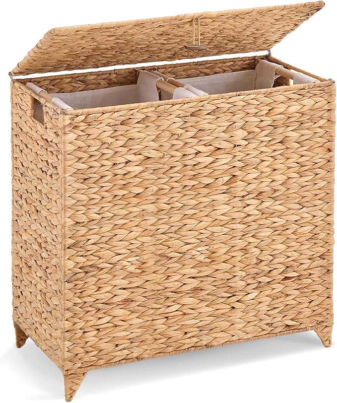 Handwoven Large Laundry Hamper with Lid and 2 Removable Liner Bags, Heightened Feet Natural Hyacinth Clothes Hamper,Wicker Laundry Basket for Clothes and Towels