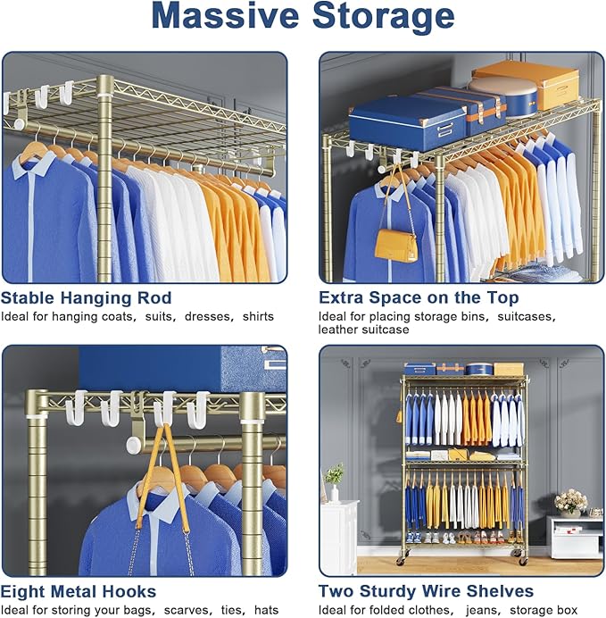 P8 Heavy Duty Clothes Rack（With Extended Width Design） Rolling Clothing Racks for Hanging Clothes，Portable Garment Rack with Lockable Wheels，51.2" W x 15.8" D x 80.5" H，Max Load 700LBS，Gold