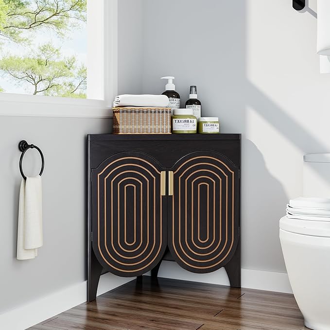 Small Corner Storage Cabinet, Mid Century Modern Floor Corner Cabinet with Curved Doors and Adjustable Shelves，Freestanding Narrow Storage Organizer for Bathroom, Living Room (Black)