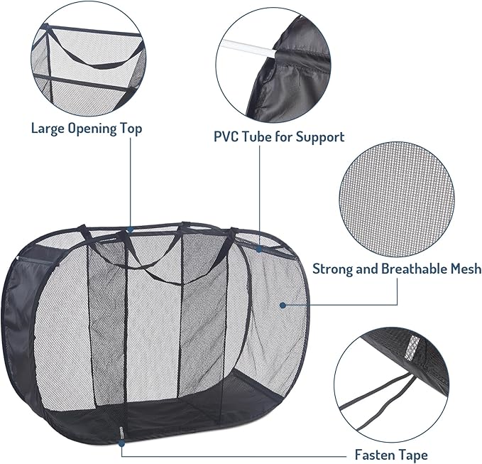 Mesh Popup Laundry Hamper 3 Compartment Sortable Horizontal Collapsible Laundry Basket for Clothes Laundry Room Bedroom Toys Travel (Black)