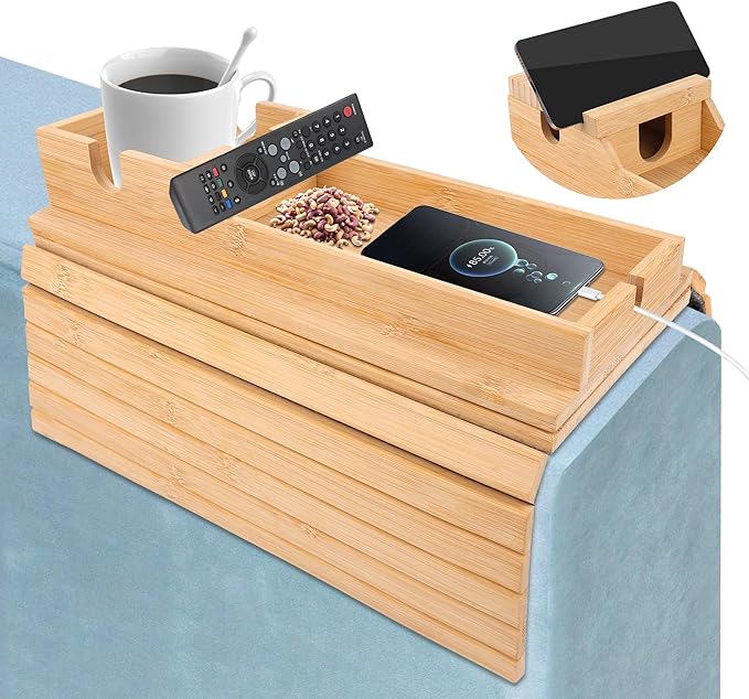 13.4" x 4.6" Couch Armrest Table, Foldable Bamboo Tray with Cup Holder Sofa Arm Tray Multi-Functional Stand, Used to Hold Water Cups, Mobile Phones and Remote Controls
