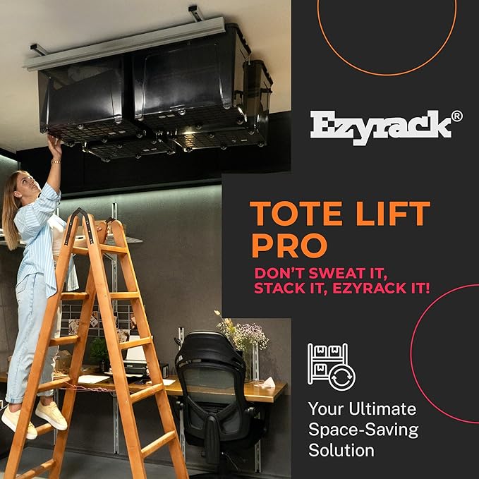 Adjustable Over Head Garage Bin Storage System Tote Lift Pro Overhead Storage Rack – Ceiling Mounted Bin Organizer System – Heavy Duty Ezy Strut & Hat Channel Design – 90" x 25" x 4" (Pack G)