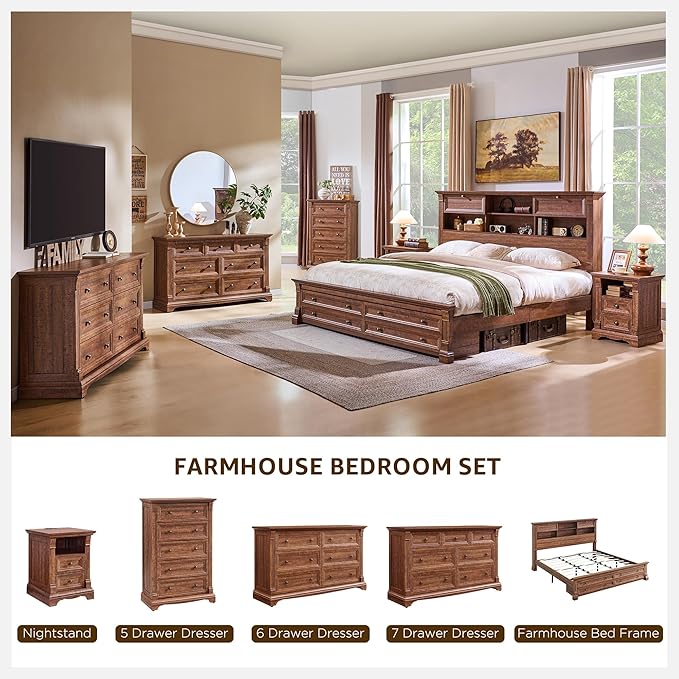 T4TREAM Farmhouse 7 Drawers Dresser for Bedroom, 54" Wide Wood Rustic Chest of Drawers w/Roman Column, Wooden Storage Dressers Organizer for Bedroom, Living Room, Closet, Reclaimed Barnwood