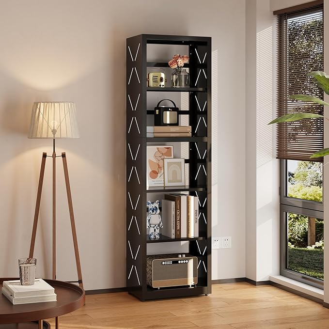 Narrow Bookshelf,5 Tier Bookcase,55" Black Metal Small Bookshelf with Adjustable Feet and Adjustable Shelves,Home Office Bookcase Shelf Storage Organizer for Living Room、Kitchen