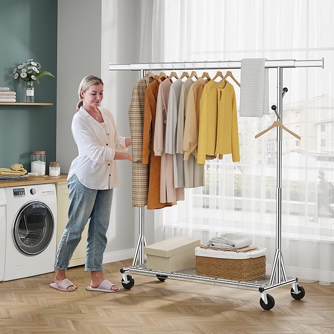 Heavy Duty Clothes Rack Load 530 lbs, Metal Rolling Clothing Rack With Sturdy Wheel And Shelves, Adjustable Portable Hanging Garment Rack For Clothes,Chrome Stainless Steel