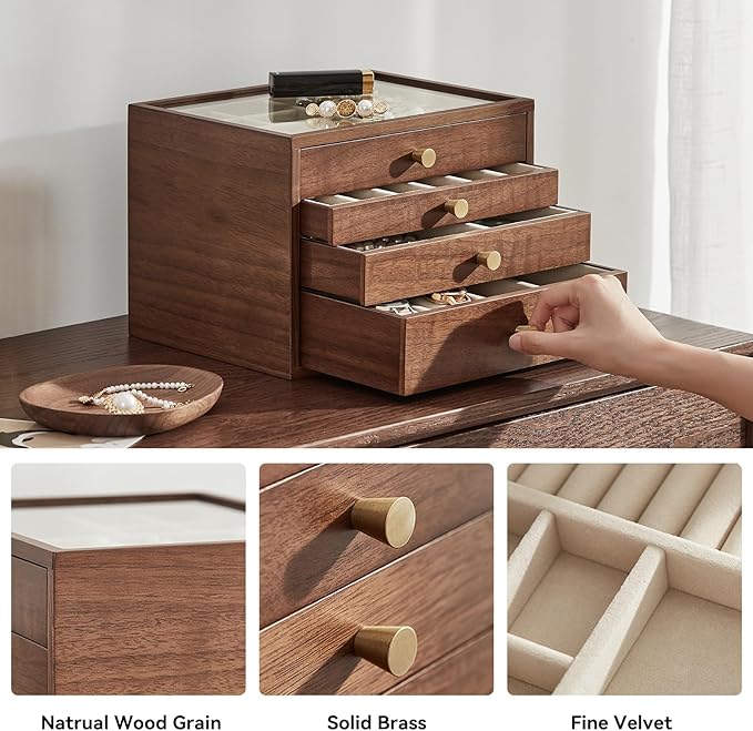 CHOSIN Black Walnut Jewelry Box for Women, 4-Layer Wooden Organizer with Glass Lid, for Watches, Necklaces, Rings & Earrings Storage Christmas Gifts