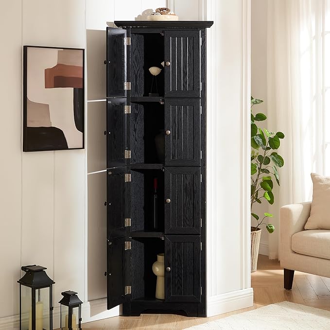 72" H Farmhouse Corner Storage Cabinet with 8 Doors & 4 Shelves, 4 Tier Kitchen Corner Pantry Cabinet Wooden Organizer Case Bookshelf, Home Space Saver Cabinet for Kitchen,Living Room(Black)