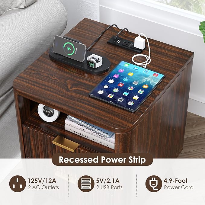 Nightstand with Charging Station, Fluted Nightstand with LED Lights, Modern Rustic Side Table with 2 Storage Drawers, Wooden End Table for Bedroom, Walnut