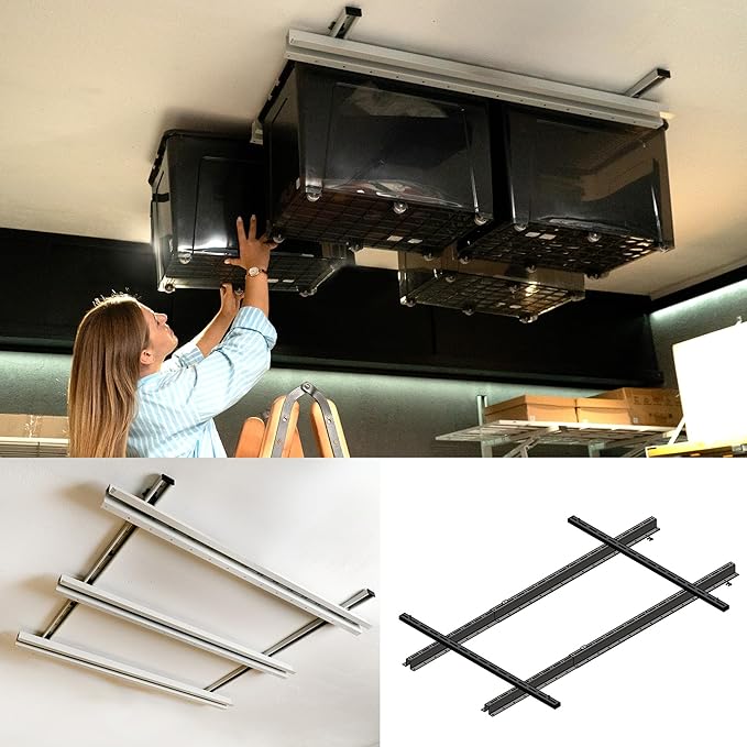 Adjustable Over Head Garage Bin Storage System Tote Lift Pro Overhead Storage Rack – Ceiling Mounted Bin Organizer System – Heavy Duty Ezy Strut & Hat Channel Design – 90" x 25" x 4" (Pack G)