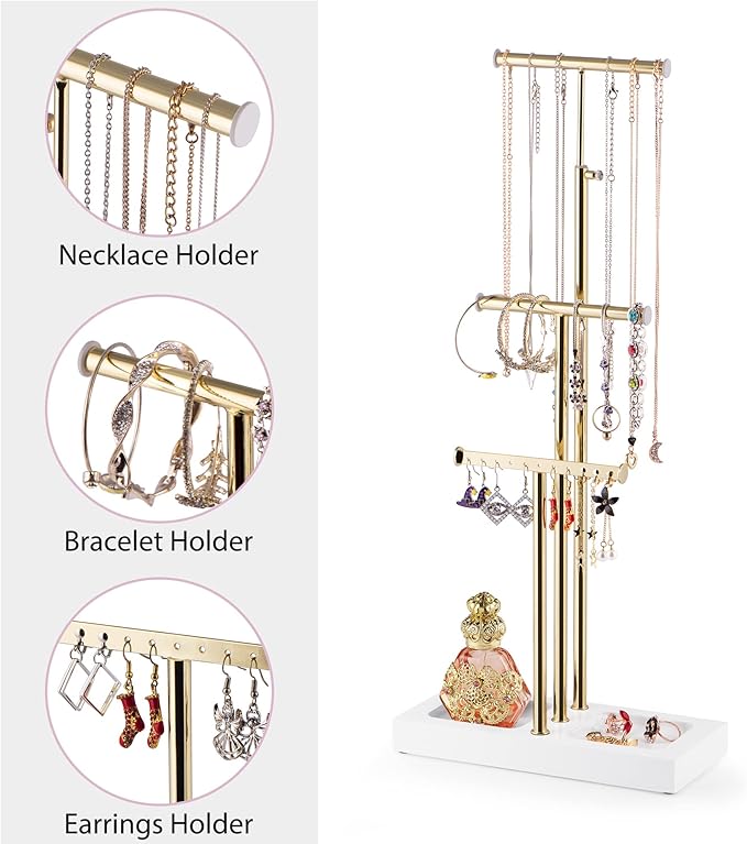 Love-KANKEI Jewelry Organizer Hanging with Metal and Wood Base, Necklace Holder with 3 Tier Tree Jewelry holder stand for Bracelets Earrings Rings,Height Adjustable Gift White and Gold
