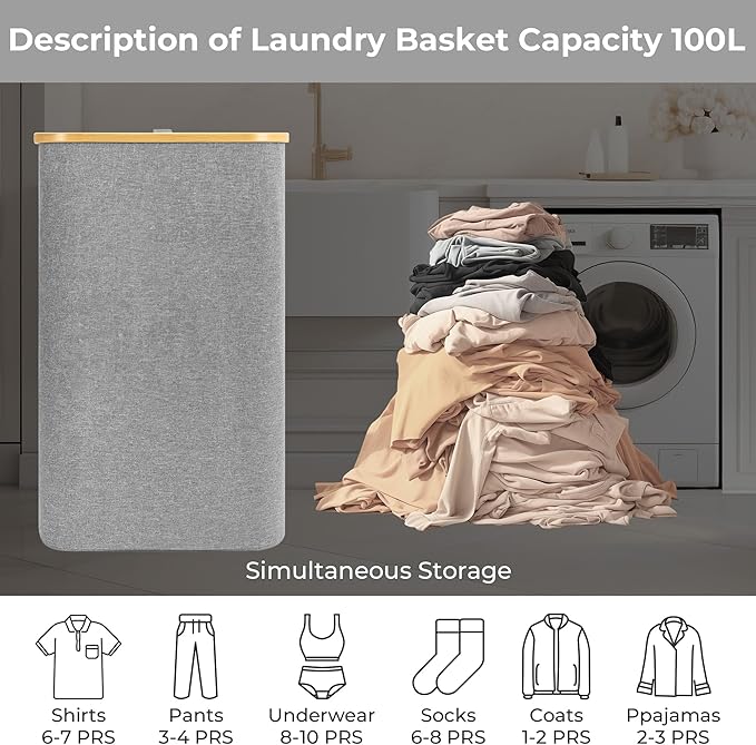 StorageWorks 100L Large Laundry Hamper with Lid, Tall Laundry Basket with Bamboo Handles and Removable Inner Bag, Collapsible Laundry Hamper for Clothing, Towels, Dark Grey, 1-Pack