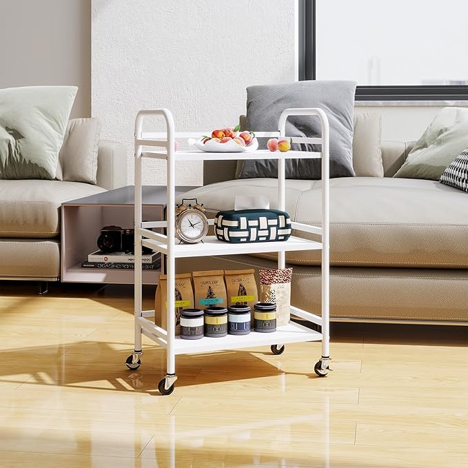 HDANI 3 Tier Rolling Cart Shelves,Heavy Duty Multifunctional Metal Frame-Supports 22 Lbs Per Tier,Rolling Cart with 2 Lockable Wheels for Home, Office,Kitchen,Bathroom,Bedroom,White