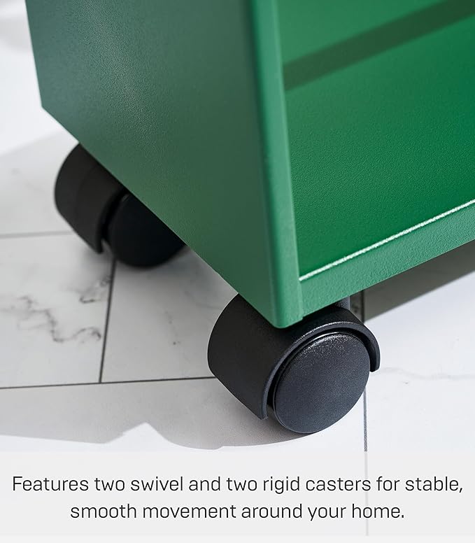 YAMAZAKI Home Slim Rolling Storage Cart – Narrow Kitchen Storage Cabinet with Handle, Slim Storage Cart with Wheels, Easy Assembly, Steel + Wood, Green