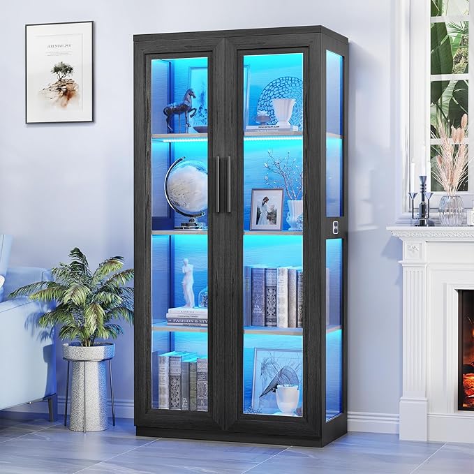 Curio Cabinet with Glass Doors, Bookcase with 4 Shelves, Display Cabinets for Collectibles, China Cabinet with 3 Color LED Lights and Human Body Sensing, Buffer Hinge, Black