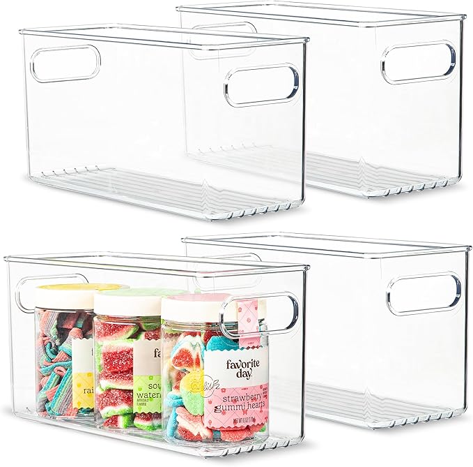 primebox Plastic Food Storage 4 Pack Clear Container Bin with Handles for Organizing Kitchen, Pantry, Refrigerator, Freezer, Pantry, Cabinet, Closet, Bathroom. 10”x4”x5”
