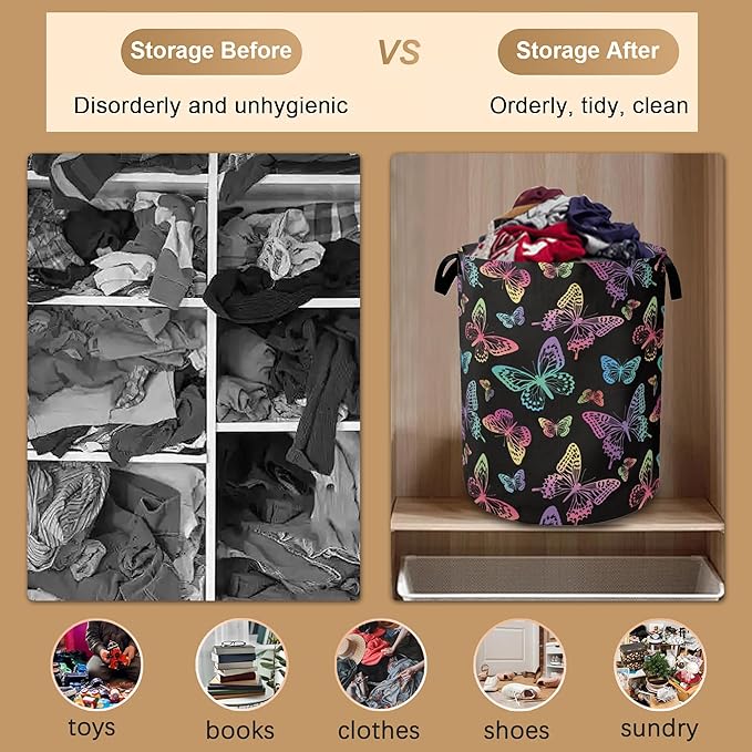 Rainbow Butterfly Collapsible Laundry Baskets,Laundry Hamper,Storage Basket with Handles for Bathroom Bedroom College Dormitory Living Room Nursery Organizer 16"x20"