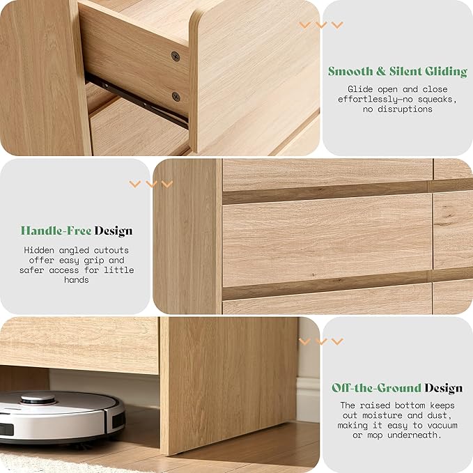 AMERLIFE 6 Drawer Dresser for Bedroom, 49" Long Modern Chest of Storage Drawers with Rounded Corners, Anti-Tip Kit, Wood Cabinet Organizer for Closet, Apartment, Nursery, Easy Assembly, Light Oak