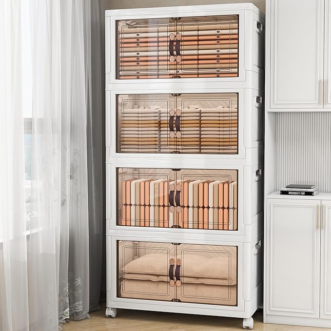 Storage Bins with Lids and Wheels, Collapsible Bathroom Storage Cabinet with Clear Doors, Plastic Stackable Closet Organizers and Storage Containers White 628 QT