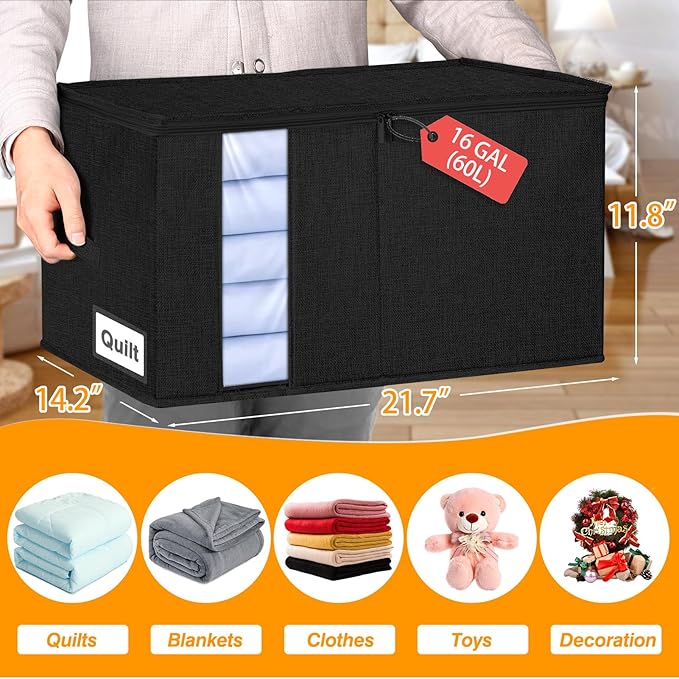 60L Comforter Storage Bag, Sturdy Construction Blanket Storage Bin with Durable Handles, Storage Bags for Clothes with Dual Zipper for Sheet Quilt Sweater Bedding Pillow, Black