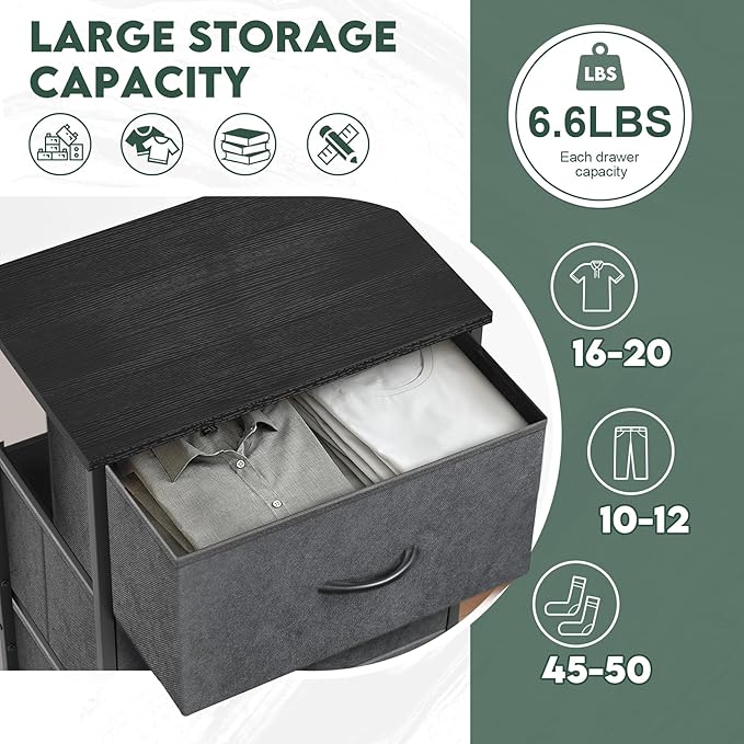 4 Fabric Drawer Dresser for Bedroom, Chest of Drawers with Waterproof Wood Top Tall Dresser for Hallway, Living Room, Kid Room (Grey and Charcoal Black)