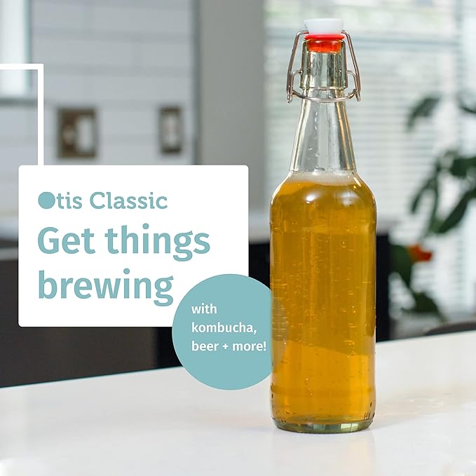 Otis Classic Glass Bottles with Caps - Set of 6 Clear Swing Top Glass Bottles w/Ceramic Lids for Storing Kombucha, Liquor, Syrup, Wine, Kefir & Beer - Bonus Marker & Labels Included, 16oz
