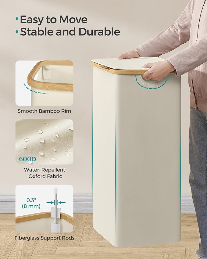 SONGMICS Laundry Hamper with Lid, Large Laundry Basket, 23.8 Gallons (90L), Removable Mesh Liner, Bamboo Handles, Collapsible, 16.5 x 12.6 x 27.8 Inches, Cream White ULCB509W01