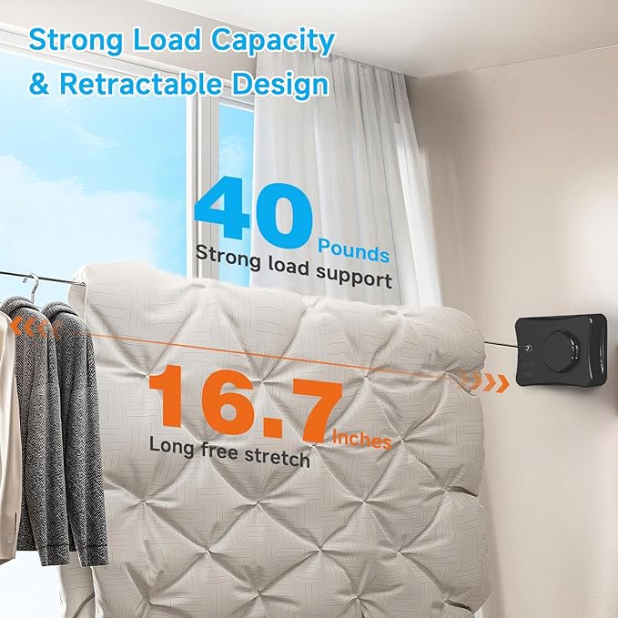 Retractable Outdoor Clothes Line,Heavy Duty Clothes Drying Laundry Line Wall Mounted Stainless Steel Line-16.7 Feets-Black