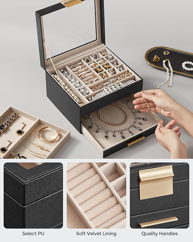 SONGMICS Jewelry Box Organizer with Glass Lid, 3-Layer Jewelry Storage, with 2 Drawers, Modern Style, Christmas Gift, 8 x 9.1 x 5.3 Inches, Graphite Black and Gold Color UJBC239B03