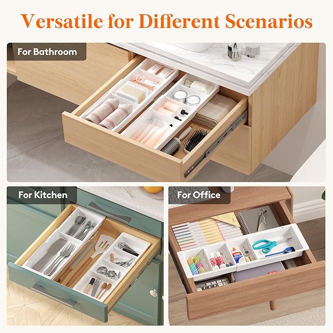 Lifewit Sliding Makeup Drawer Organizer Trays with Inserts, Extendable Hanging Desk Drawer Divider, Fits 13-20" Deep Drawers, 1.8" High Plastic Organizer Tray for Vanity, Office, Kitchen, White